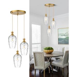 3-Light Pendant Lighting, Modern Brushed Gold Dining Room Chandelier Light Fixture Over Table with Hammered Glass, Brass Cluster Hanging Lights for Kitchen Island Dining Room Bedroom, E26