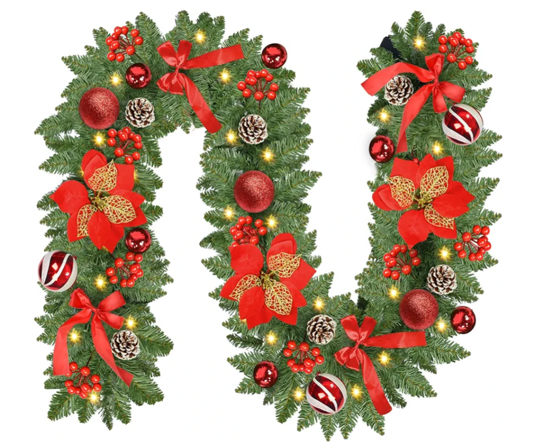 Christmas Garland with Lights, 9FT 30 LED Prelit Christmas Garland with Pinecones, Flowers, Bows, Outdoor Indoor Christmas Decorations Garland Battery Operated with Timer for Stairs,Mantel,Door,Window