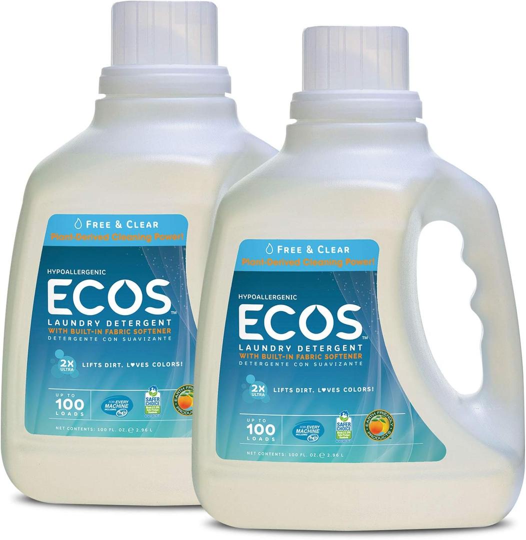 Earth Friendly Products Ecos 2x Liquid Laundry Detergent, Free & Clear, 100 Fl Oz (Pack of 2)