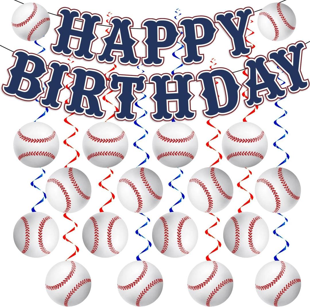 KORHONEN Baseball Birthday Party Decorations, Birthday Happy Birthday Banner and Hanging Swilrs for Boys&Adults