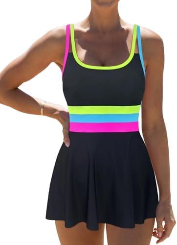 popvil Women One Piece Swimsuit 2026 Tummy Control Bathing Suit Neon Modest Swim Dress with Skirt Full Coverage, XL