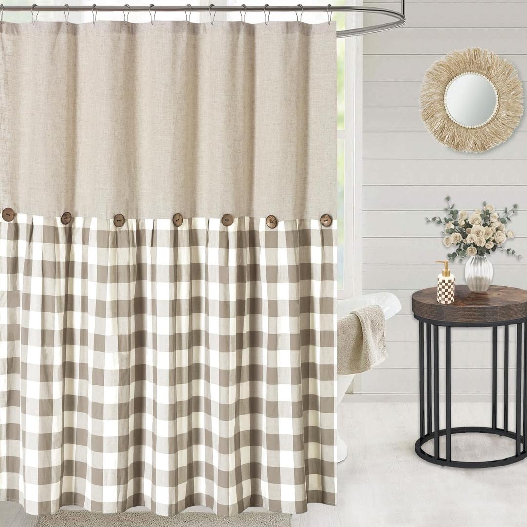 Linen Button Farmhouse Shower Curtain,Linen and Cotton Fabric,Pleated Brown and Beige Plaid Checked Pattern,Country Style,72x72 in