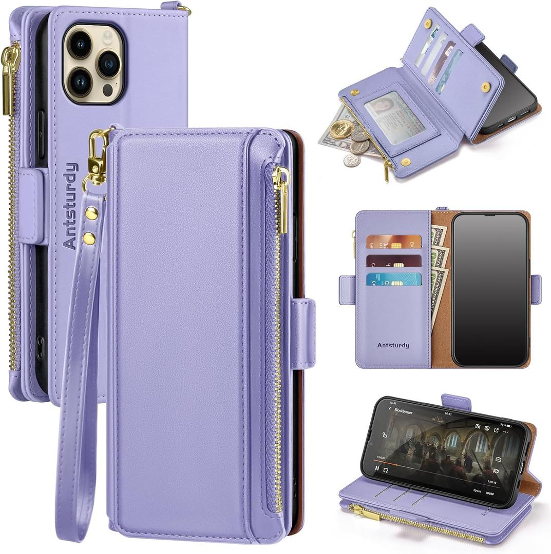 Antsturdy Compatible with iPhone 11 Pro Max Wallet Case,RFID Blocking PU Leather Phone Case Women Men flip Shockproof Cover Wrist Strap Zipper Credit Card Holder Slots,for Apple 11 ProMax,Light Purple