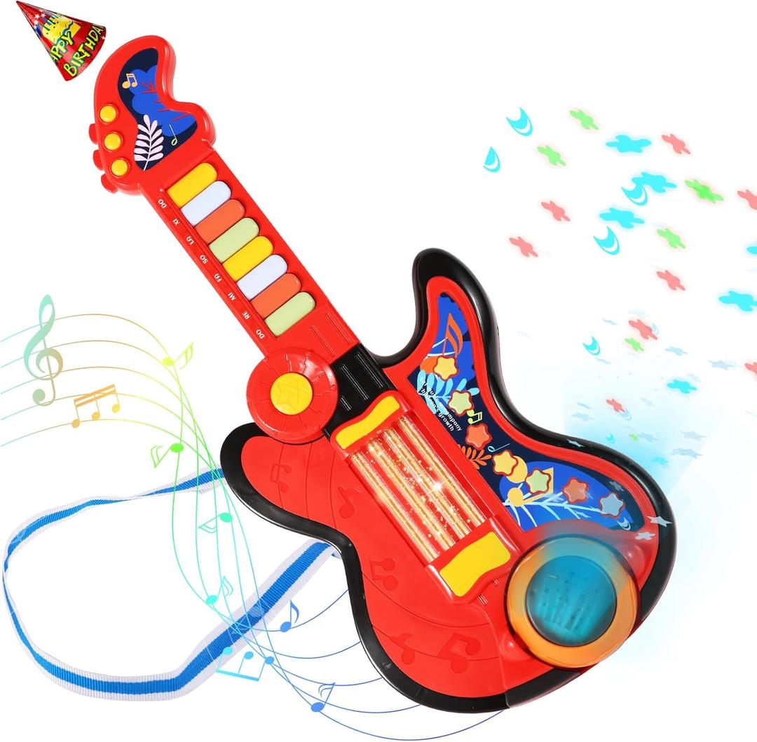 Kid Guitar, 4 in 1 Toddlers Guitar and Piano Guitars for Kids 3-5 with Strap Guitars for Toddlers 2-4 with Lullaby Projector Drum Toy Birthday Gift for 2 3 4 5 Year Old Boy Girl Gift