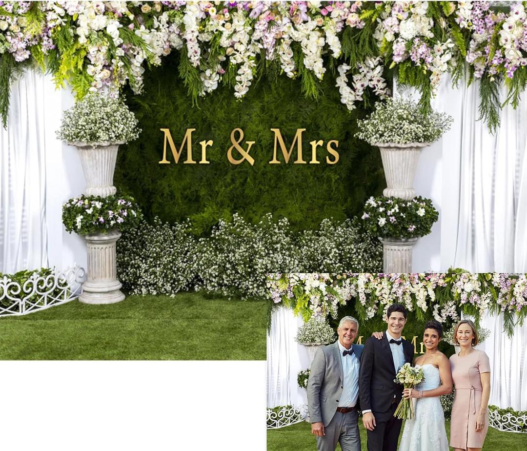 YongFoto Mr and Mrs Wedding Party Backdrop 7x5ft Floral Grass Wall White Sheer Curtain Flower Arch Photography Background Lover Marriage Proposal Bridal Shower Reception Photo Booth Props Banner