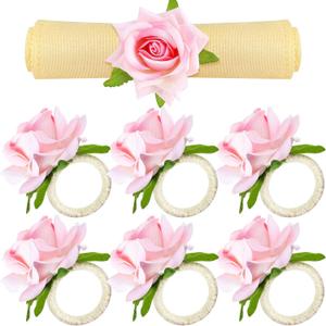 12 Pcs Pink Flower Napkin Rings Handcraft Floral Napkin Holder Table Decor for Summer Wedding Picnics Banquet Birthday Party
