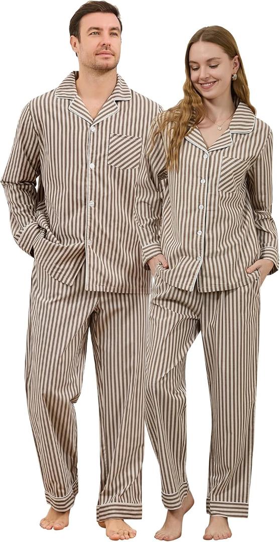 U2SKIIN Couple Pajama Sets, Soft Cotton Button-Down Striped Pajamas for Men and Women Long Sleeve Sleepwear with Pockets (X-Large, Khaki)