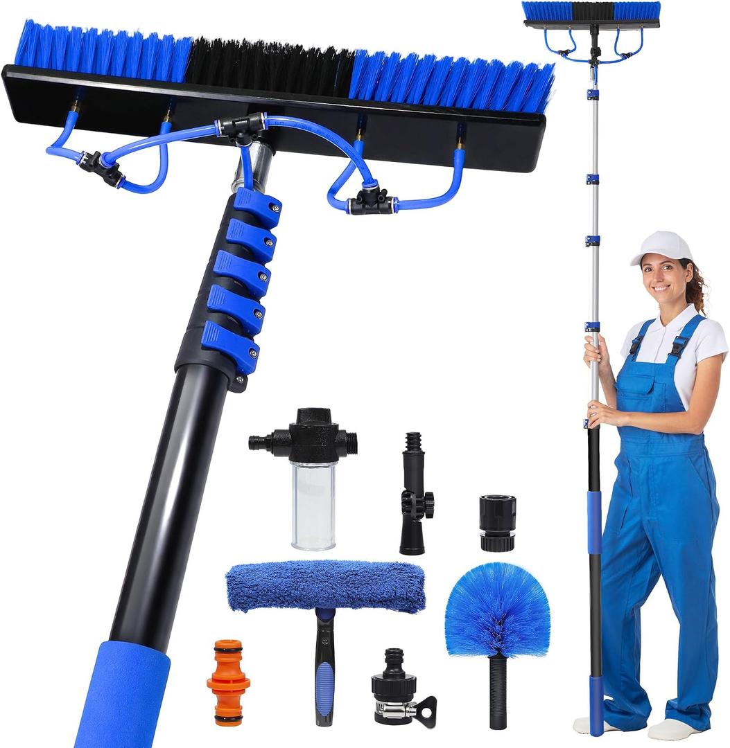 30FT Reach Solar Panel Cleaning Kit with 5-24FT Extendable Water Fed Pole, 20" Solar Panel Brush, Window Squeegee, Cobweb Duster & Soap Dispenser Solar Panel Washing Kit for PV, Ceilings & Gutters