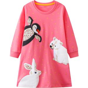 Toddler Girls Cotton Embroidery Applique Short Sleeve Dresses 2-7Y (Pink)