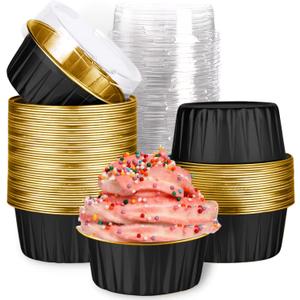 Mini Aluminum Foil Cupcake Baking Cups with Lids (40pcs, 5oz) Round Cupcake Foil Liners Tart Pie Tin Pan Holder - Disposable Mini Cake Containers Flan Molds for Pudding, Souffle, Party, Wedding (Black)