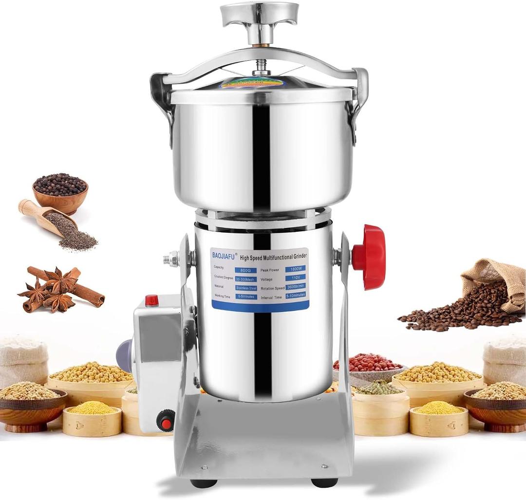 800g Electric Grain Mill 36000r/min High-speed Grain Mill 1800W Superfine Powder Grinder Dry Grinder Machine 270 swingable Dry Material Grinding Machine 304 Stainless Steel herb grinder