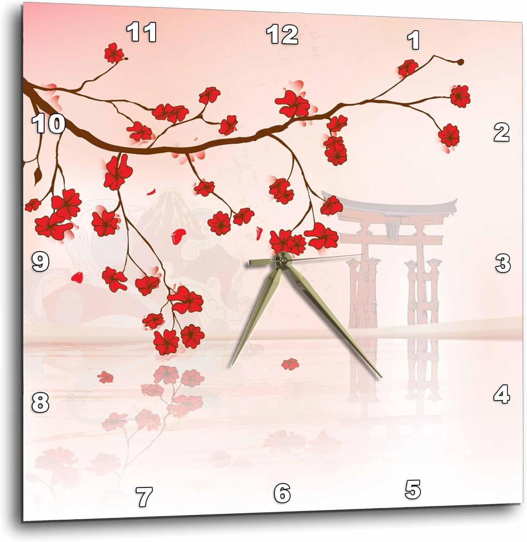 3dRose Wall Clock Silent - 15 inch - Beautiful Japanese Sakura Red Cherry Blossoms Branching Reflecting Over Water - Oriental Inspired Designs