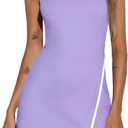 Fisoew Women's Workout Tennis Dress with Built-in Bra & Shorts Pockets Sleeveless Crewneck Golf Athletic Mini Dresses (Purple, XL)