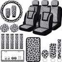 Frienda 24 Pcs Leopard Car Accessories Leopard Car Seat Cover Full Set Cheetah Steering Wheel Metal License Plate Headrest Seat Belt Armrest Pad Handbrake Gear Cover Keyring(White Black)