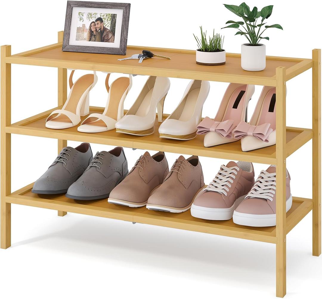 Smiry Bamboo Shoe Rack, 3 Tier Shoe Organizer for Entryway & Closet, Stackable Free Standing Storage Shelf for Shoes, Bags & Plants, Natural