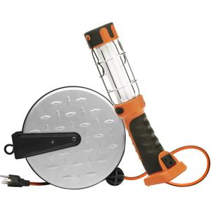 Woods Extension Cord Reel with Trouble Light, 30Ft, 16 Gauge, 3 Conductor, 13-Watt Fluorescent Light, Orange, E318