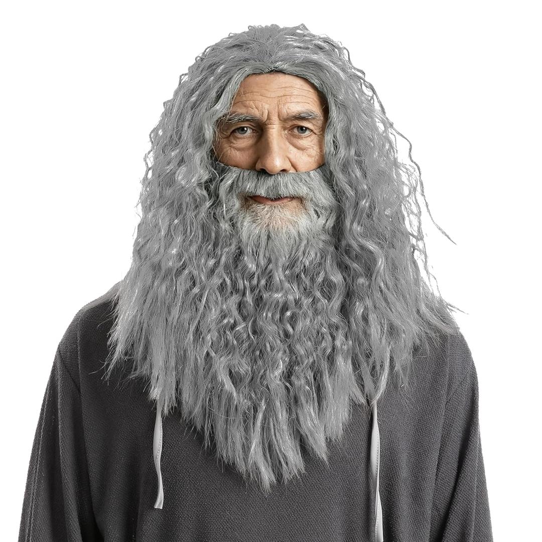 Spooktacular Creations Halloween Grey Wizard Wig and Beard, Wizard Curly Wig with Beard, Long Gray Funny Father Time Costume Accessory for Men for Adults Cosplay Party Christmas Accessories
