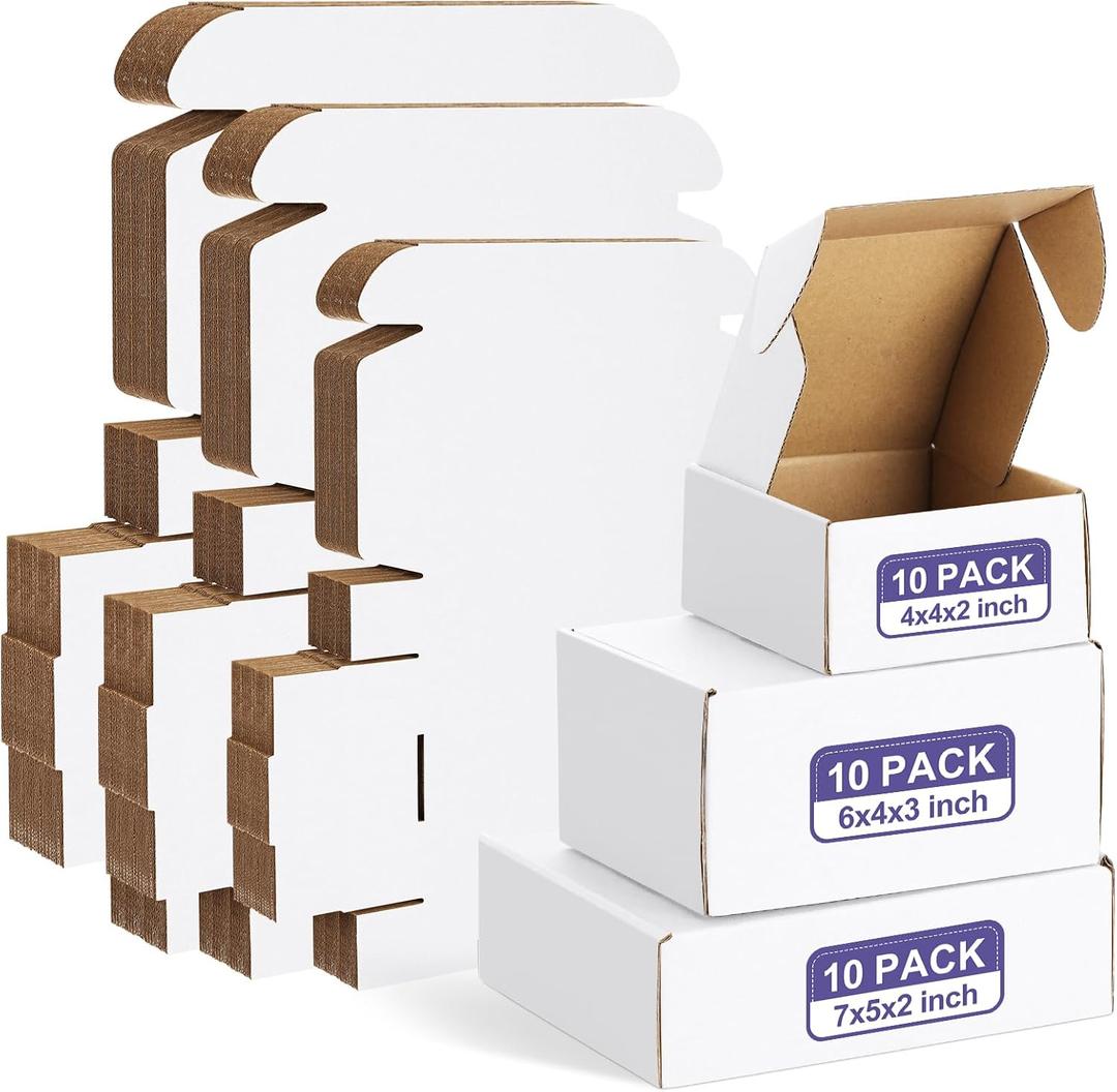 Eupako 30 Pack Small Shipping Boxes Assorted Sizes, 4x4x2, 6x4x3, 7x5x2-10 PCS Each Small Boxes, White Corrugated Box Mailers, Cardboard Boxes for Packaging Small Business, Mailing