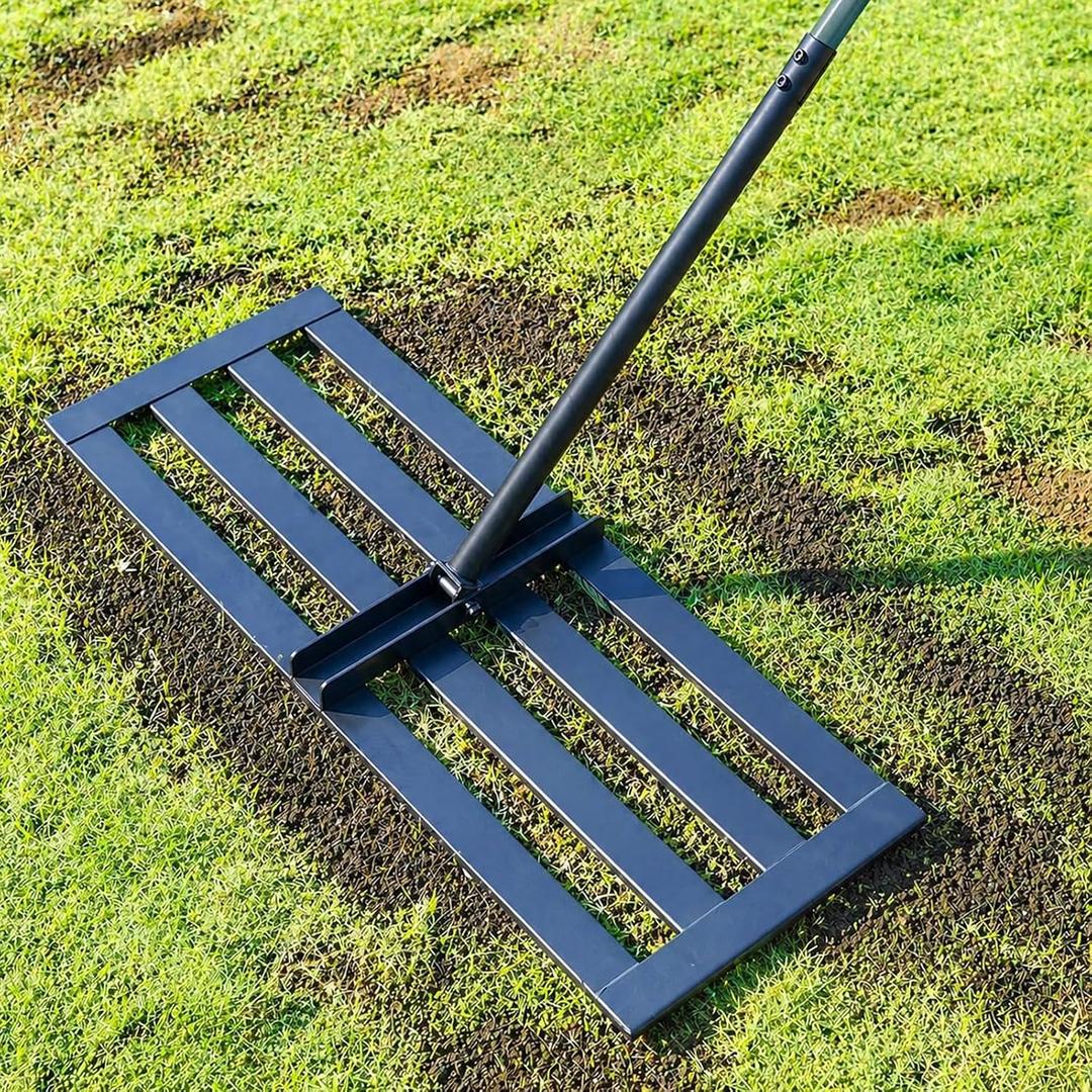 Lawn Leveling Rake, 30 x 10 in Stainless Steel Levelawn Tool with 78 in Adjustable Handle, Heavy Duty Yard Leveler for Soil, Sand, Compost, Backyard, Garden and Golf Course (Green)