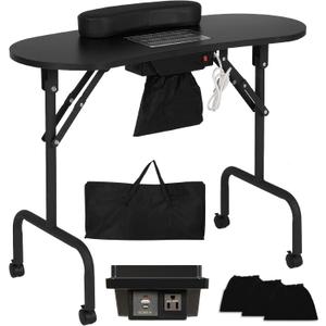 Portable Manicure Table Nail Desk with Charging Station & Dust Collector, Foldable Nail Tech Table for Technician Spa Salon Workstation with Wrist Pad 4 Lockable Wheels, 36-inch, Black