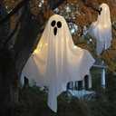 Halloween Hanging Ghost Lights Decorations, Warm White LED, Swinging Ghost Home Decor, 3 Modes Adjustable, Party Garden Yard Scary Cute Spooky Gifts (White 2Pack)