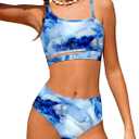 Queenstyle Girls Swimsuits Bikini Set Kids Cutout Bathing Suit Bikini Top Two Piece Girls' Swimwear (15-16 Years, Blue-1)