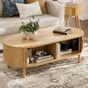 Oval Coffee Table with Sliding Doors, Modern, Natural, 29.92" x 29.92" x 16.14"