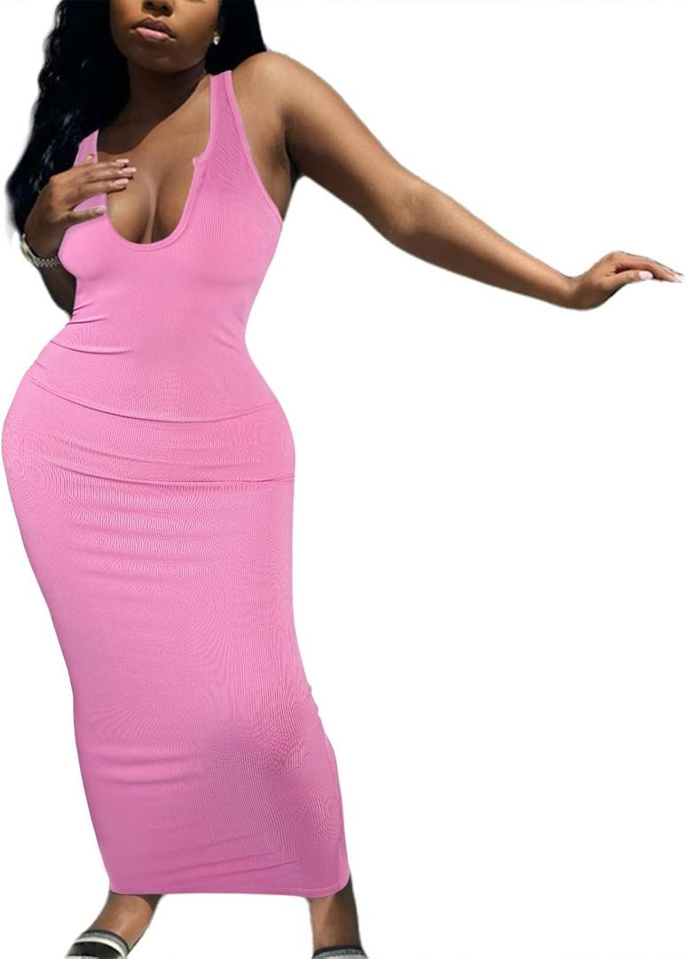 LovelyWholesale Bodycon Maxi Dresses for Women Sexy Sundresses Summer Ribbed Tank Dress B-Pink Small