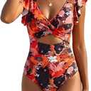 B2prity One Piece Swimsuits for Women Ruffle Sleeve V Neck Bathing Suit Tummy Control Cutout Monokini Slimming Swimwear (M)