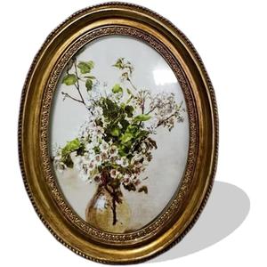 Vintage Oval Picture Frame with Ornate Gold Finish, Decorative Wall Hanging Frame for Floral Art, Antique Style,can be hanging and can be standing