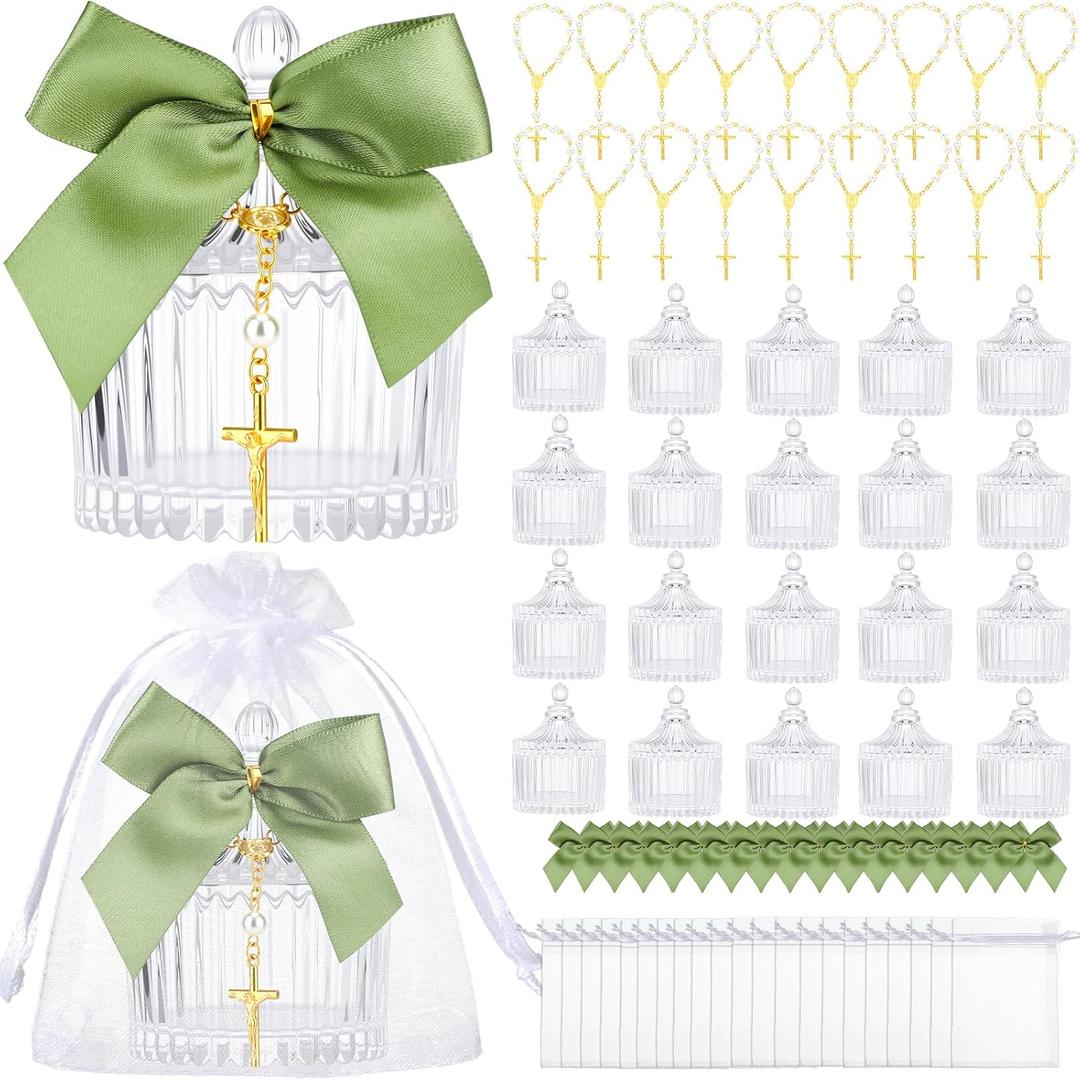 Vesici 20 Sets Baptism Favors for Guests 3.04 oz Crystal Candy Bowl Gifts with Cross Rosary for Baptism Decorations Bow and Organza Bags for Wedding Baby Shower Supplies First Communion Party(Green)