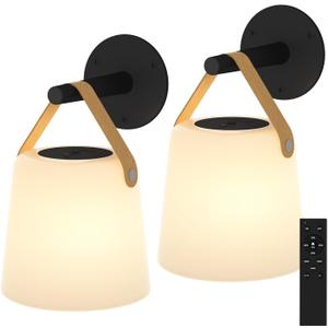 TACAHE Rechargeable Wall Sconce - Plastic Frosted Lampshade - 3 Color Temp & 5 Brightness - Remote Control - 5000 mAh Battery Operated - Cordless Wall Lamp for Camper, RV - Set of 2 (Black)