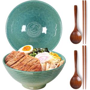 NUTRIUPS 8 Inch Ceramic Ramen Bowl Set of 2 Pho Bowls 40oz Japanese Noodle Udon Soup Bowls with Spoons and Chopsticks (Ice Crack Green)