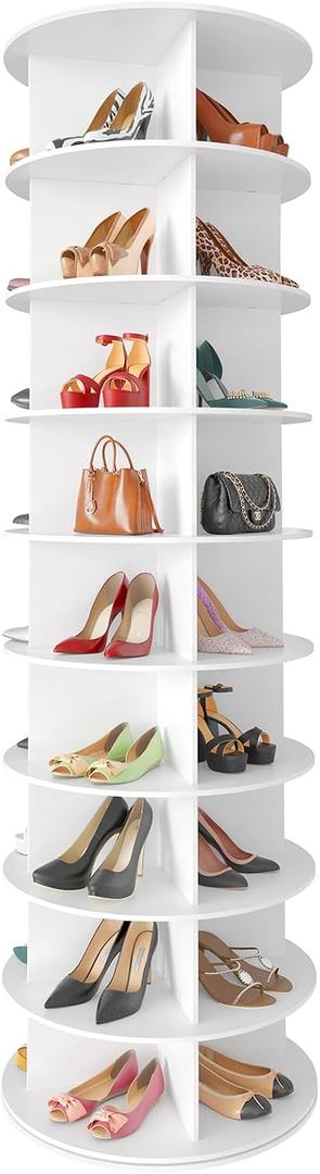 SpaceAid 9 Tier Rotating Shoe Rack Tower, Spinning Shoe Display Lazy Susan, Revolving 360 Shoe Rack Storage Round Carousel, Vertical Handbag Rotate Shoes Closet Organization (9-Tier White)