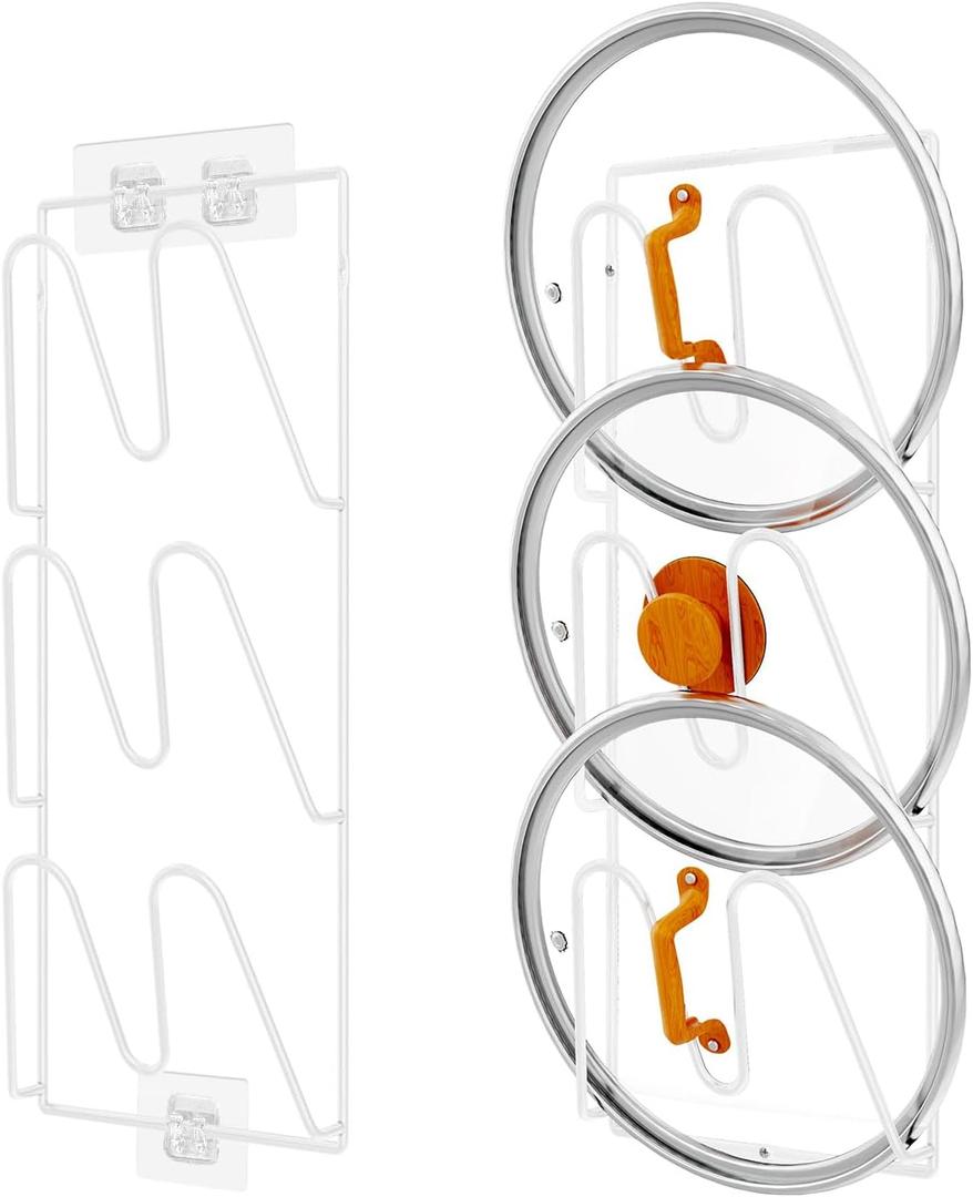 Durmmur 2 Pack Pot Lid Organizer Rack, 6-Tier Pot Lids Holder for Cabinet Door/Wall, No Drilling Adhesive Wall/Door Mounted Rustproof Pot and Pan Cover for Kitchen Storage, White