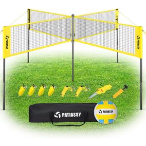 4 Square Volleyball Game Set, 4 Way Net System with 16FT & 32FT Court, Adjustable Height Backyard Badminton Combo, Portable Outdoor Kit with Ball, Pump, Boundary Line, Carry Bag