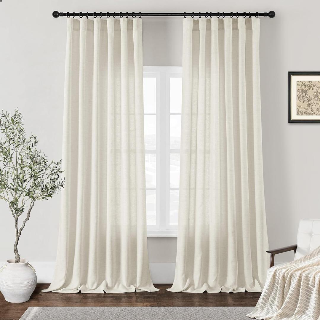 Natural Linen Curtains 84 Inches Long for Living Room Flax Linen Semi Sheer Rod Pocket Belt Hooks Drapes Boho Neutral Privacy Light Filtering Bedroom Cream Curtain 84 Inch Length 2 Panels