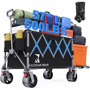 57" L Large Collapsible Foldable Wagon with Tailgate & Brake, 500LBS Heavy Duty Beach Wagons with All-Terrain Big Wheels, 300L Folding Utility Cart for Sand Garden Shopping Groceries Sports (Black)