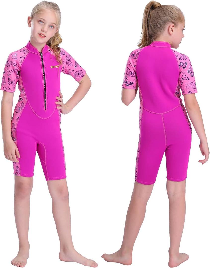 Girls Wetsuit Kids Shorty Wetsuits Toddler Thermal Swimsuit 2mm Neoprene Front Zip Keep Warm for Boys Girls Toddler Youth Swimming Diving Surfing (Pink, 2)