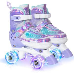 MammyGol Roller Skates for Girls Kids Boys, 4 Sizes Adjustable Quad Toddler Skates Indoor Outdoor Ages 3-8, Pink Blue Purple Green (Medium(1-4))