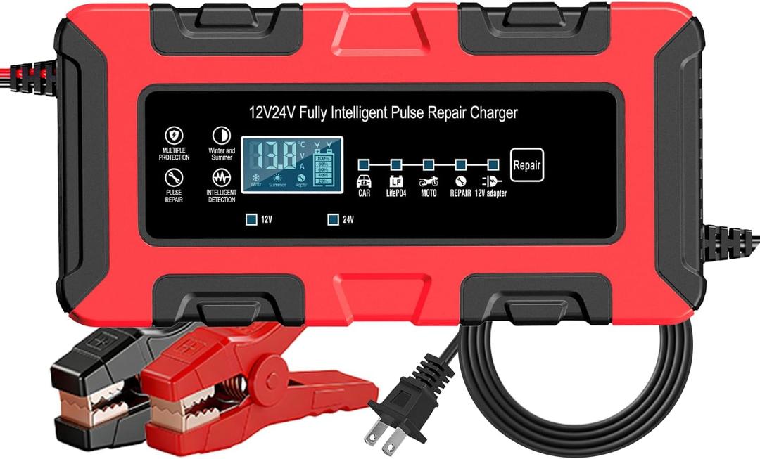 12V/24V Smart Car Battery Charger, 10Amp Maintainer & Trickle Charger, Desulfator w/Temp Compensation, Overcharge Protection for Lithium Iron Phosphate LiFePO4, Lead Acid AGM Gel Deep-Cycle Batteries