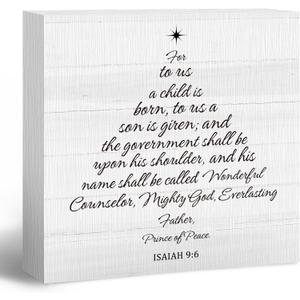 2pc Christian Christmas Wooden Box Sign, Christmas Desk Decor, ChristianIsaiah 9:6 Bible Verse Decor, Christian ChristmaTree Wood Block Box Sign Plaque for Bedroom Office Home Wall Shelf Decoration (white, pink)