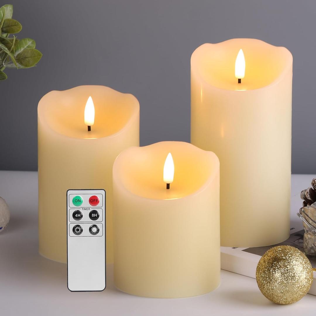 Eywamage Ivory Flameless Pillar Candles with Remote, Flickering Realistic LED Battery Wax Candles Set of 3,  3" H 4" 5" 6"