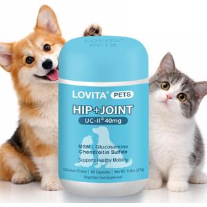 LOVITA Hip + Joint Supplement for Pets - Supports Mobility & Joint Health for Dogs & Cats - 60 Capsules, Chicken Flavor