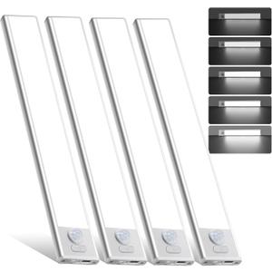 4 Pack Under Cabinet Lighting, Rechargeable Motion Sensor Light Indoor, Wireless Dimmable Magnetic Closet Lights, 32 LED Under Counter Lights for Kitchen, Wardrobe, Stairs, White Light