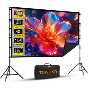 Outdoor Projector Screen with Stand, TOWOND 120 inch Portable Projector Screen Black Backing, Indoor Projection Screen 16:9 4K HD Wrinkle-Free Movie Screen with Carry Bag for Backyard Movie Night
