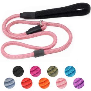 Strong Slip Rope Dog Training Leash (6ft) - Heavy Duty Durable Braided Nylon Lead with Rubber Stopper & Padded Handle - No Pull Walking for Medium Large Dogs (Pink, 1/2" x 6ft)