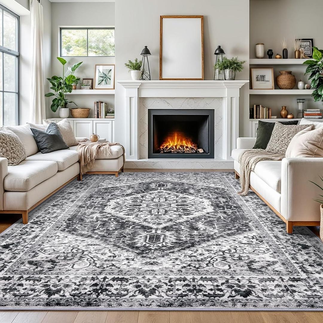 KOZYFLY Boho Area Rug 9x12 Ft Thin Rugs for Living Room Washable Bedroom Rug Non Slip Rugs for Dining Room Printed Faux Wool Area Rug Floor Carpet for Dining Room Living Room, Grey