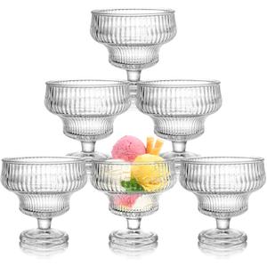 Set of 6 Glass Ice Cream Bowls, 10 Oz Vintage Heavy Base Footed Dessert Cup Set, Stripes Clear Embossed Glass Serving Bowls for Sundae, Ice Cream, Fruit, Parfait