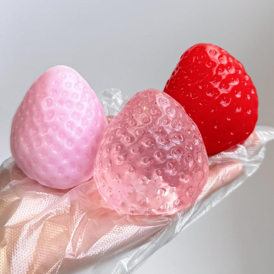 3PCS Big Strawberry Squishies, Handmade Sticky Squishies Strawberry for Adults Relaxation